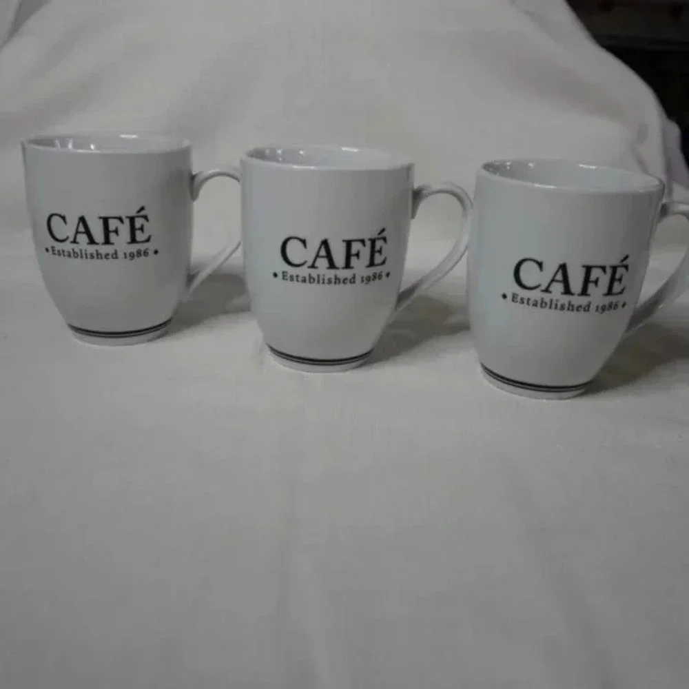 Pottery Barn Cafe Est 1986 *** Set of 2 Cups *** White with Black Design - Picture 2 of 9